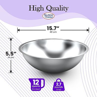 Alpine Cuisine 12-quart Stainless Steel Kitchen Mixing Bowls, Salad Bowls Heavy Duty Deeper Edge