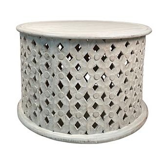 Cato 28 Inch Artisanal Round Mango Wood Coffee Table, Diamond Lattice Cut Out Frame, Washed White
