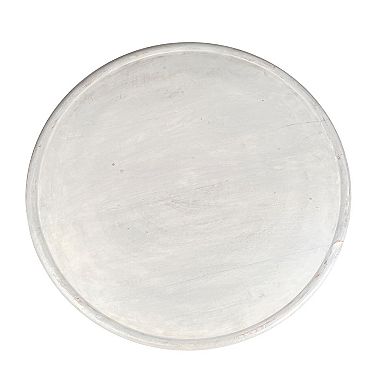 Cato 28 Inch Artisanal Round Mango Wood Coffee Table, Diamond Lattice Cut Out Frame, Washed White