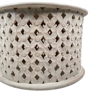 Cato 28 Inch Artisanal Round Mango Wood Coffee Table, Diamond Lattice Cut Out Frame, Washed White