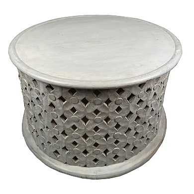 Cato 28 Inch Artisanal Round Mango Wood Coffee Table, Diamond Lattice Cut Out Frame, Washed White