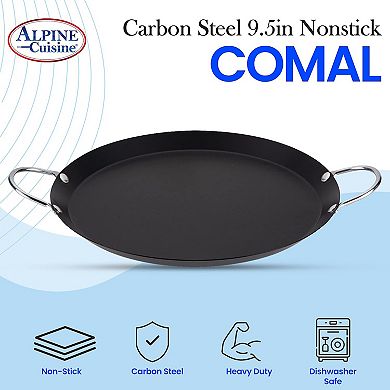 Alpine Cuisine Nonstick Round Comal 9.5-inch - Black Carbon Steel Tortilla Comal With Double Handle