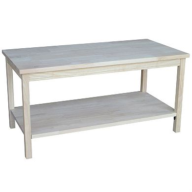 Unfinished Solid Wood Rectangular Coffee Table With Bottom Shelf