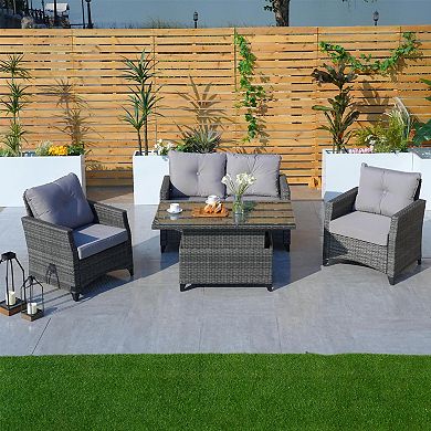 4-Seat Aluminum Wicker Lift Table Outdoor Patio Sofa Set With Cushions