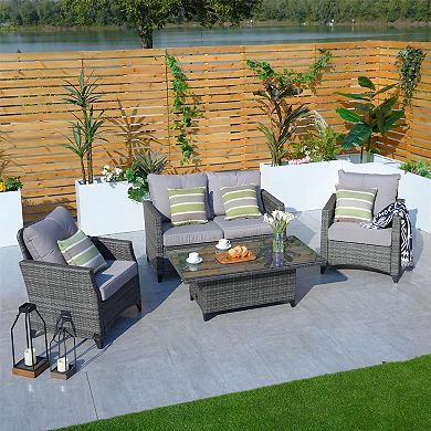 4-Seat Aluminum Wicker Lift Table Outdoor Patio Sofa Set With Cushions