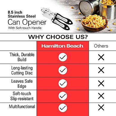 Hamilton Beach Can Opener 8.5in Soft Touch Pp Handle, Stainless Steel Sharp Blade