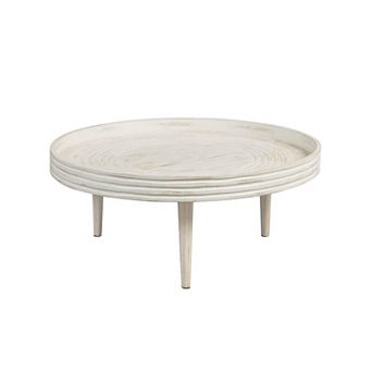 33 Inch Coffee Table, Solid Mango Wood, Handcrafted Round Grooved Raised Edge, Distressed White