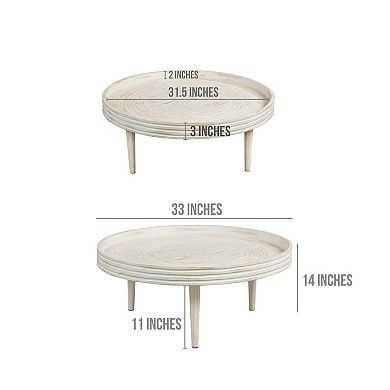 33 Inch Coffee Table, Solid Mango Wood, Handcrafted Round Grooved Raised Edge, Distressed White
