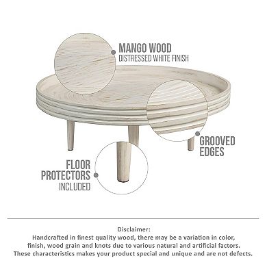 33 Inch Coffee Table, Solid Mango Wood, Handcrafted Round Grooved Raised Edge, Distressed White