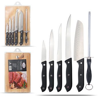 Alpine Cuisine Stainless Steel Cutlery Set 7 pc With Wood Cutting Board Sharpener, Dishwasher Safe