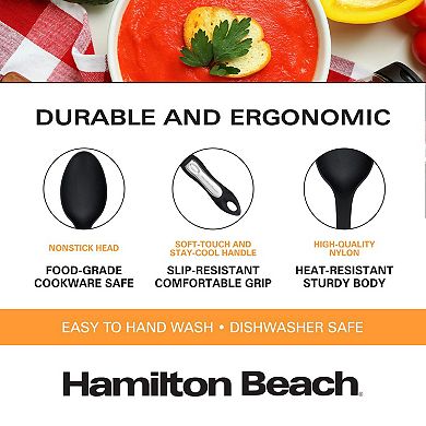 Hamilton Beach Cooking Solid Spoon Nylon, Non-stick Cookware, Ergonomic Design, Size 14.5in - Black