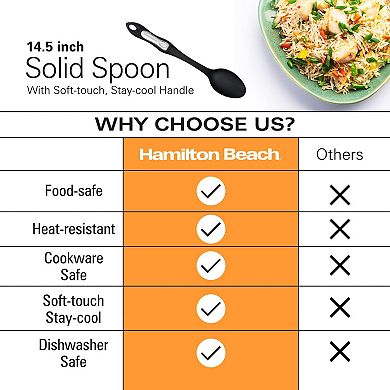 Hamilton Beach Cooking Solid Spoon Nylon, Non-stick Cookware, Ergonomic Design, Size 14.5in - Black