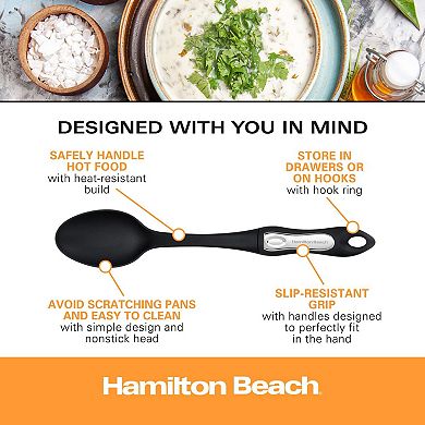 Hamilton Beach Cooking Solid Spoon Nylon, Non-stick Cookware, Ergonomic Design, Size 14.5in - Black