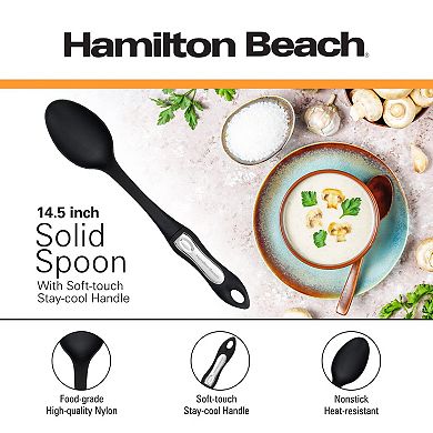 Hamilton Beach Cooking Solid Spoon Nylon, Non-stick Cookware, Ergonomic Design, Size 14.5in - Black