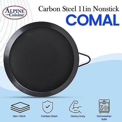 Alpine Cuisine Nonstick Round Comal 11" Black Carbon Steel Tortilla Comal With Single Handle