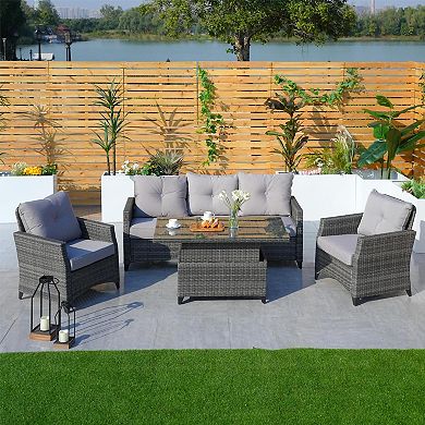 5-seat Outdoor Patio Wicker Aluminum Lift Table Sofa Set With Cushions