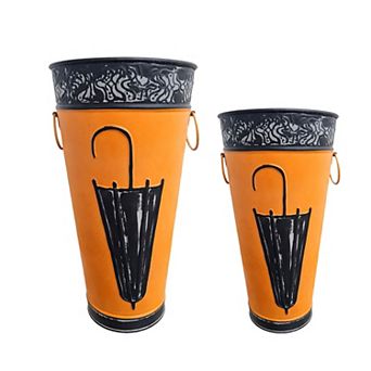 21, 16 Inch Metal Umbrella Stands, Black Engraved Artwork, Set of 2, Orange