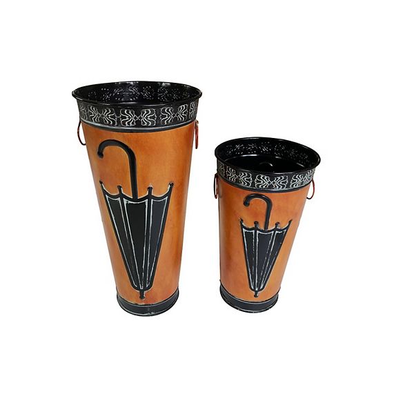 21, 16 Inch Metal Umbrella Stands, Engraved Artwork, Set of 2, Antique