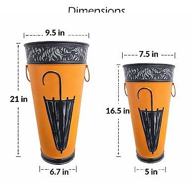 21, 16 Inch Metal Umbrella Stands, Black Engraved Artwork, Set of 2, Orange