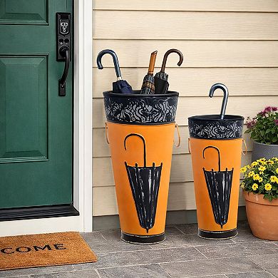 21, 16 Inch Metal Umbrella Stands, Black Engraved Artwork, Set of 2, Orange