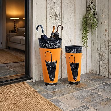 21, 16 Inch Metal Umbrella Stands, Black Engraved Artwork, Set of 2, Orange
