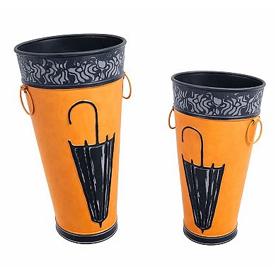 21, 16 Inch Metal Umbrella Stands, Black Engraved Artwork, Set of 2, Orange