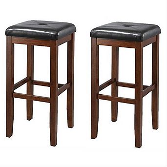 Set Of 2 Vintage Mahogany Stools With Black Upholstered Seat