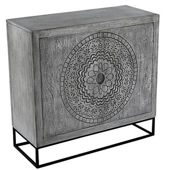 Zera 39 Inch Handcrafted Accent Cabinet With 2 Doors, Sandblasted Gray Mango Wood, Black Iron Stand