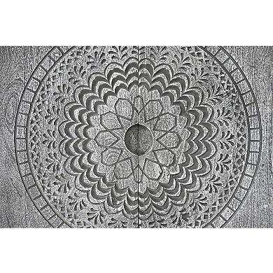 Zera 39 Inch Handcrafted Accent Cabinet With 2 Doors, Sandblasted Gray Mango Wood, Black Iron Stand