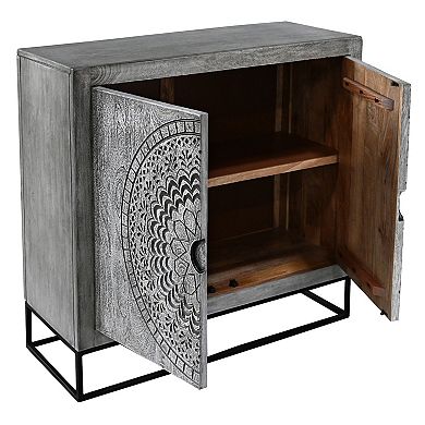 Zera 39 Inch Handcrafted Accent Cabinet With 2 Doors, Sandblasted Gray Mango Wood, Black Iron Stand