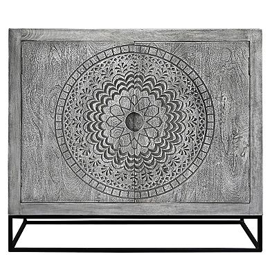 Zera 39 Inch Handcrafted Accent Cabinet With 2 Doors, Sandblasted Gray Mango Wood, Black Iron Stand