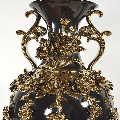 Afd Home European Elegance Black And Gold Floret Jeweled Stunning Vase 35 Inches Tall