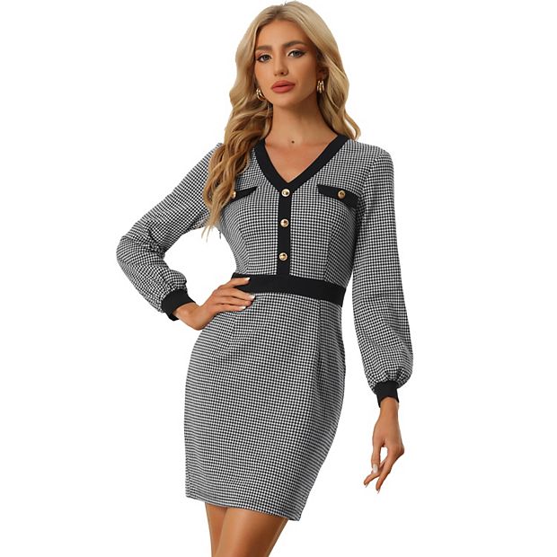 Houndstooth V Neck Long Sleeve Elegant Sheath Dresses, Pink / XS