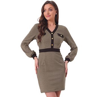 Houndstooth Dress For Women's V Neck Long Sleeves Elegant Sheath Dresses