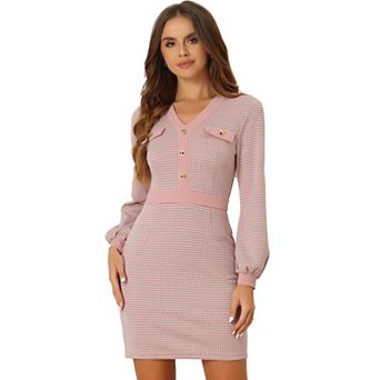 Houndstooth Dress For Women's V Neck Long Sleeves Elegant Sheath Dresses