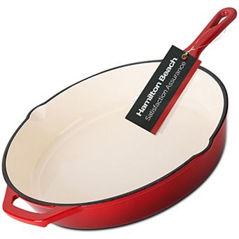 Hamilton Beach Enameled Cast Iron Fry Pan 12" Red, Cream Enamel Coating,safe Up To 400 Degrees