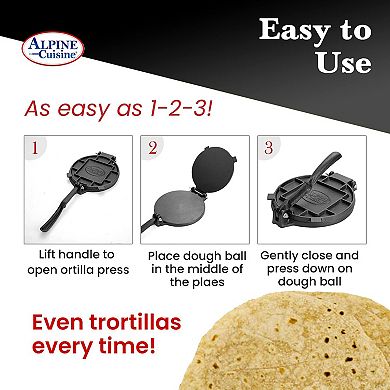 Alpine Cuisine Cast Iron Tortilla Press 7.5 Inch Soft Touch Handle, Lightweight, Easy To Clean & Use