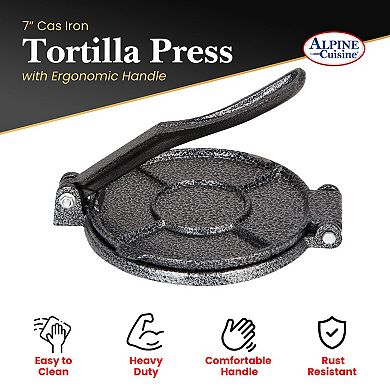 Alpine Cuisine Cast Iron Tortilla Press 7.5 Inch Soft Touch Handle, Lightweight, Easy To Clean & Use