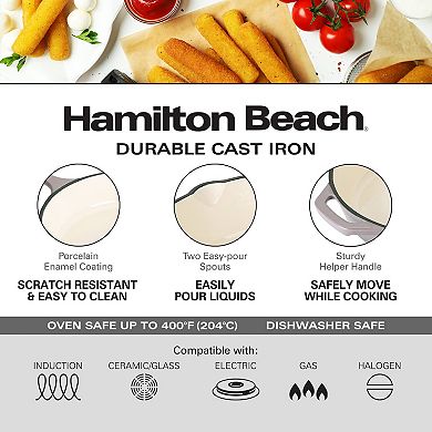 Hamilton Beach Enameled Cast Iron Fry Pan 12" Gray, Cream Enamel Coating, Even Heat Distribution