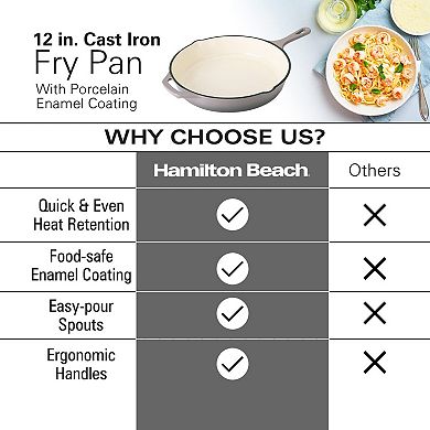Hamilton Beach Enameled Cast Iron Fry Pan 12" Gray, Cream Enamel Coating, Even Heat Distribution