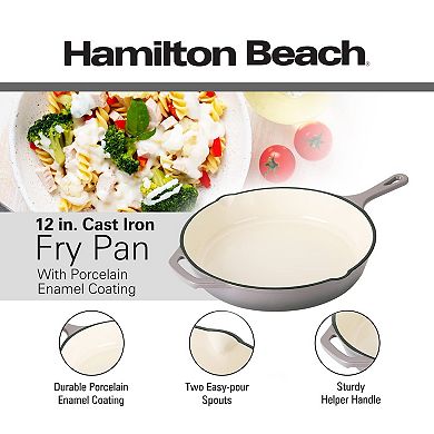 Hamilton Beach Enameled Cast Iron Fry Pan 12" Gray, Cream Enamel Coating, Even Heat Distribution