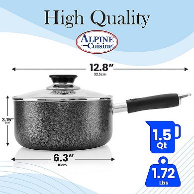 Alpine Cuisine Sauce Pan 1.5qt Aluminum Nonstick Coating With Glass Lid, Multipurpose Use