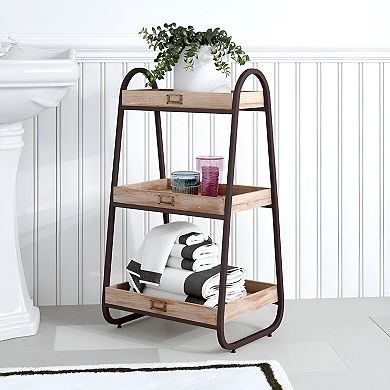 Three-Tier Storage Shelf with Fir Wood Baskets and Iron Frame, Rustic Brown, 32.5 inches