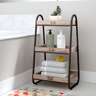 Three-Tier Storage Shelf with Fir Wood Baskets and Iron Frame, Rustic Brown, 32.5 inches
