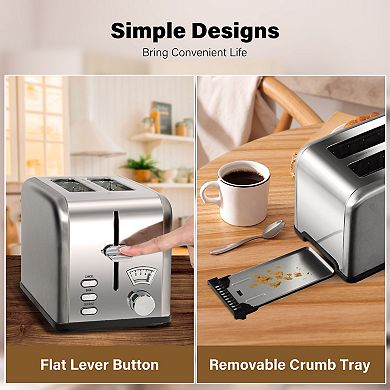 Retro Stainless-steel 2-slice Toaster With 1.5“ Wide Slot,5 Browning Setting And 3 Function