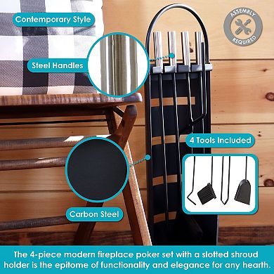 Sunnydaze 4-piece Fireplace Tool Set With Slotted Shroud Holder