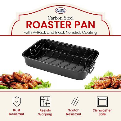 Alpine Cuisine Carbon Steel Roaster Pan With Rack, Easy Clean Multi-purpose & Long-lasting, Black
