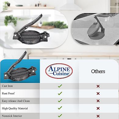 Alpine Cuisine Cast Iron Gordita Press 5 Inch, Roti & Corn Press, Lightweight, Easy To Clean & Use