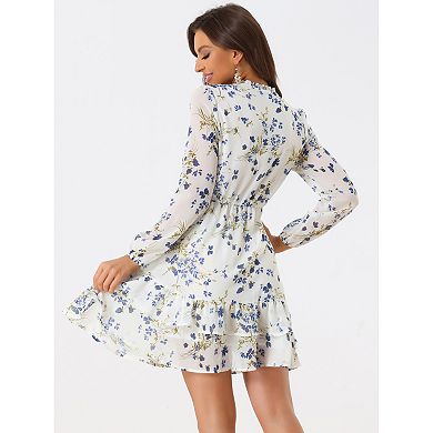 Women's Summer Layered Dress Tie V Neck Semi Sheer Long Sleeve Chiffon Mini Dress
