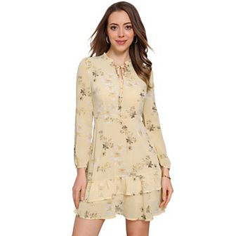 Women's Summer Layered Dress Tie V Neck Semi Sheer Long Sleeve Chiffon Mini Dress